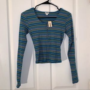 Garage blue yellow white striped long sleeve top size S stretchy zipper front